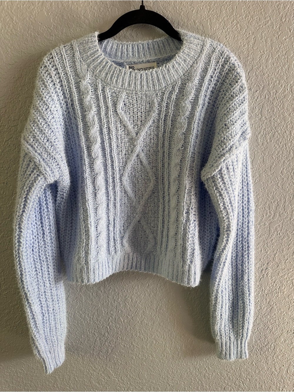 No Boundaries Blue Cable Knit Fuzzy Cropped Sweater Size S